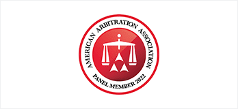 A red and white logo with the words american arbitration association panel member 2 0 2 1.